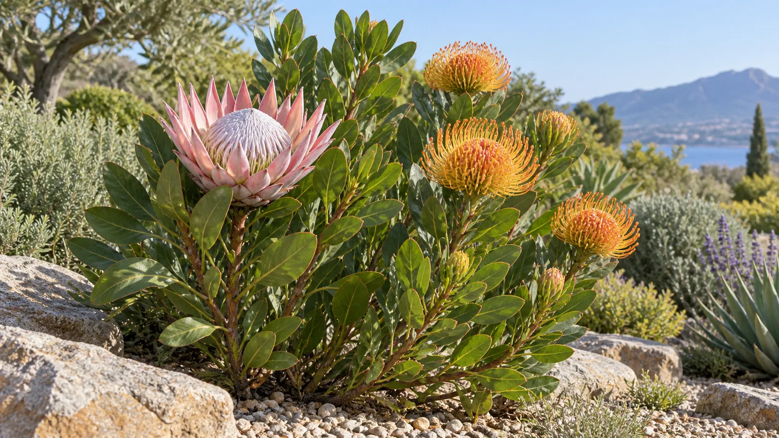 Healthy protea shrub flowering in a sunny, sharply drained garden bed