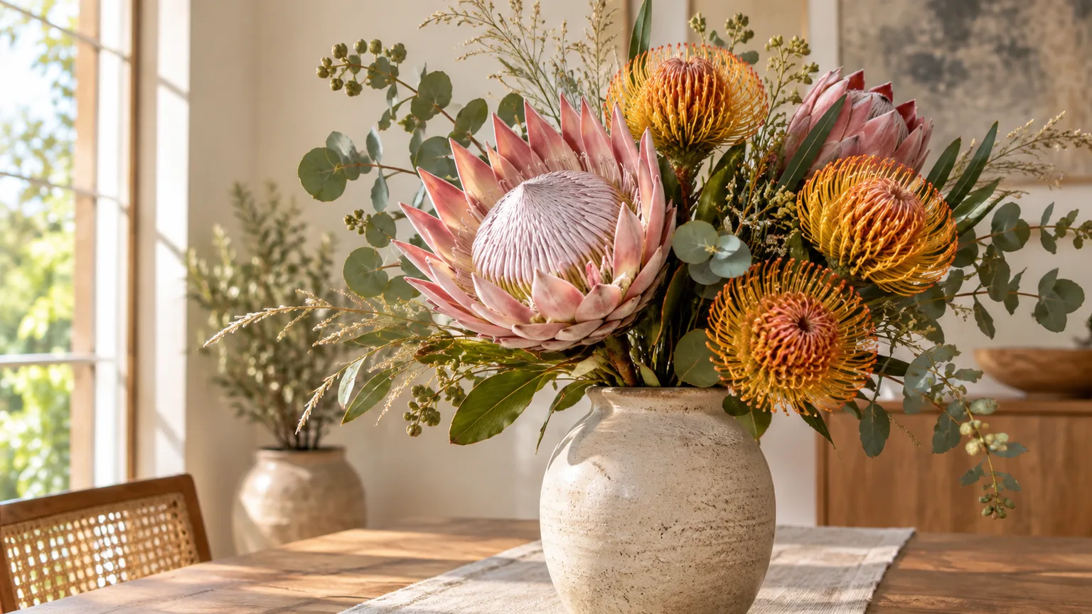 Sculptural protea arrangement with a blush king protea and golden-orange pincushion proteas
