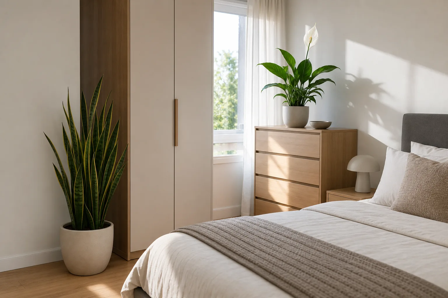 Bedroom plant placement with snake plant in corner and peace lily on dresser away from the bed