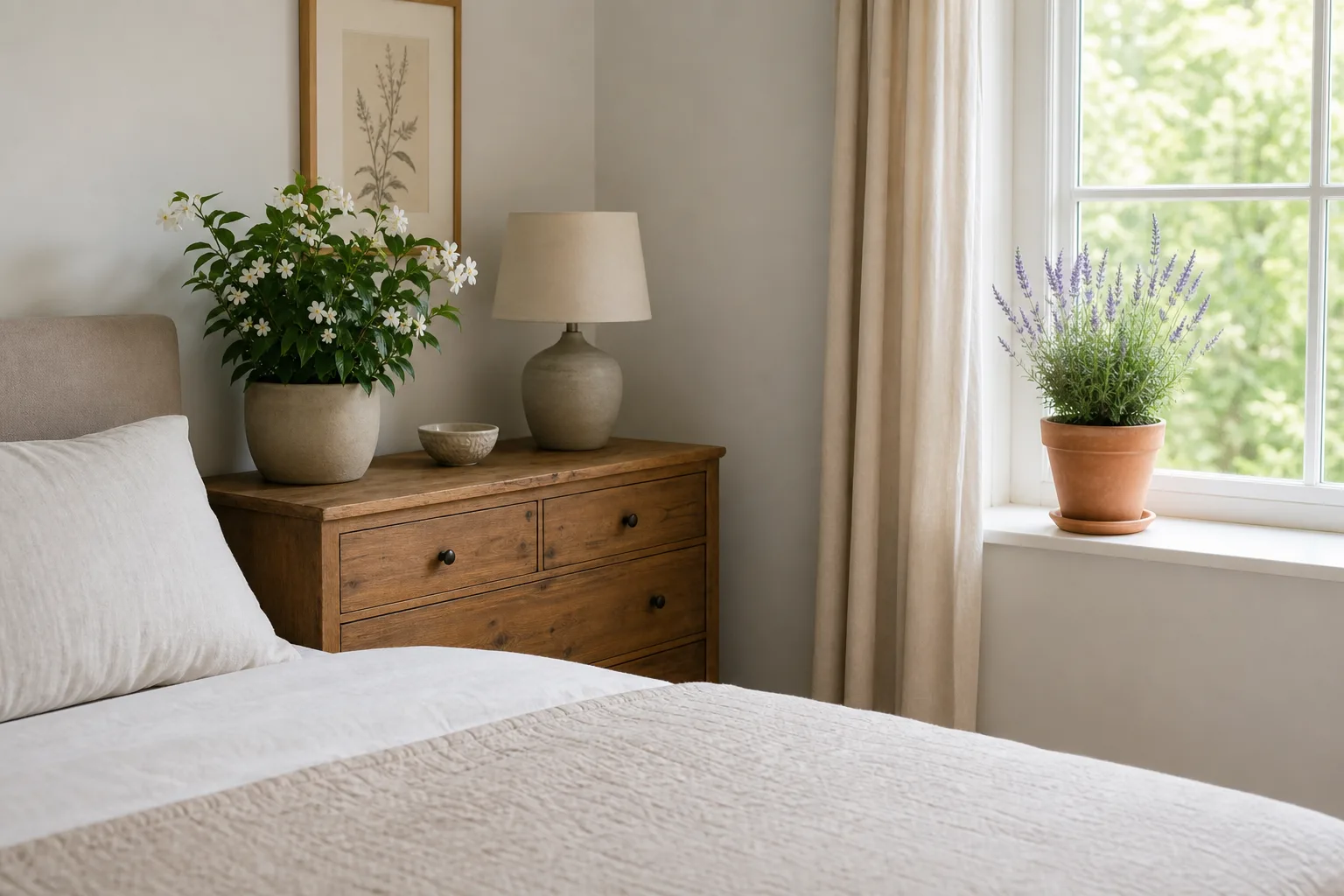 Lavender and jasmine on windowsill and dresser several feet from bed in a closed bedroom