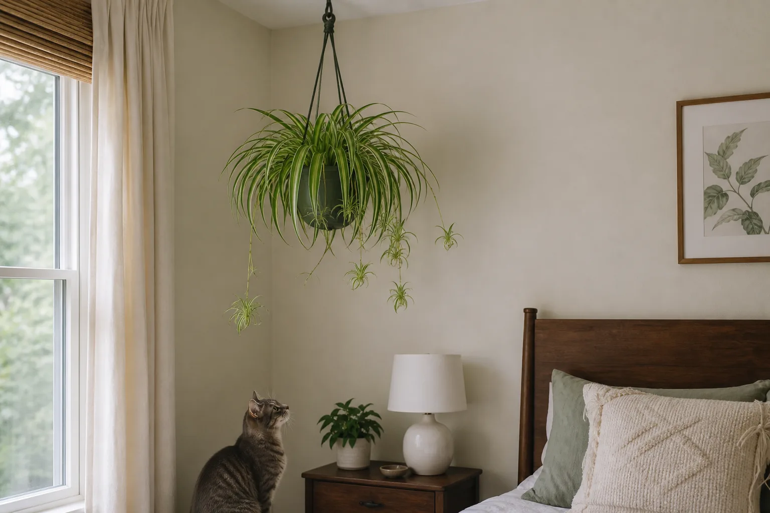 Pet-safe spider plant in hanging basket above nightstand reach