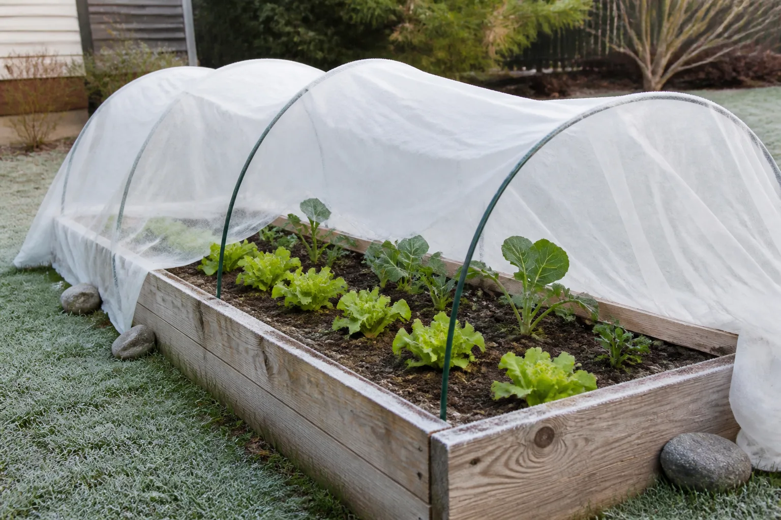 A low hoop tunnel protecting leafy vegetables from frost in a raised bed
