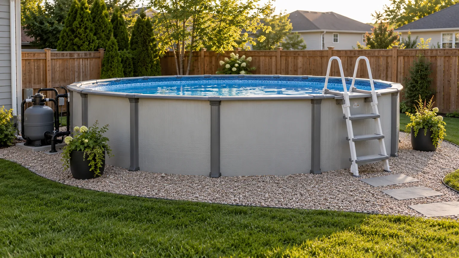 Above-ground pool with a gravel service border and a direct paver route to the ladder