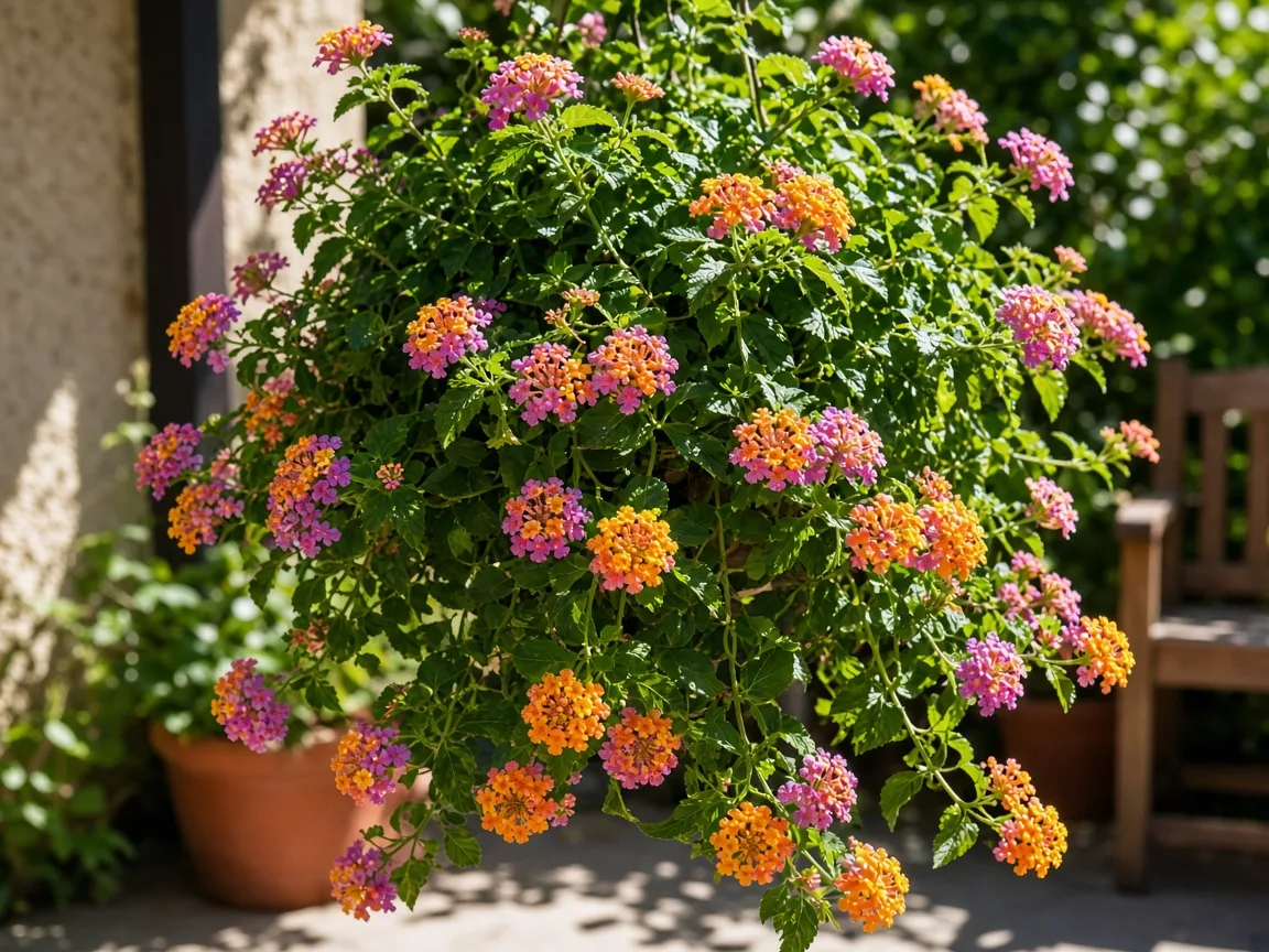 Trailing lantana covered with orange flower clusters in a sunny container