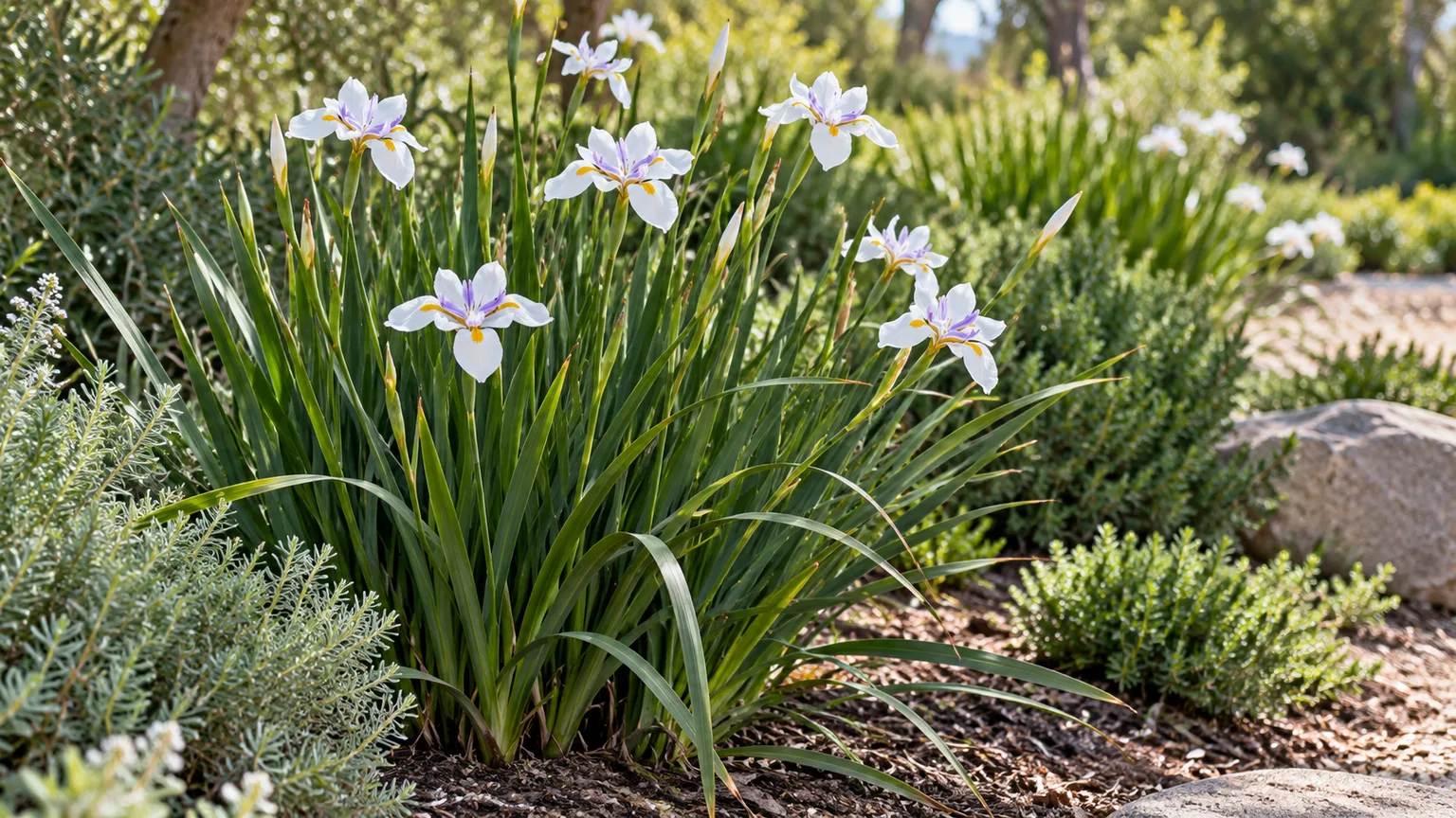 White and violet-marked African iris flowers rise above sword-shaped green foliage in a sunny garden bed