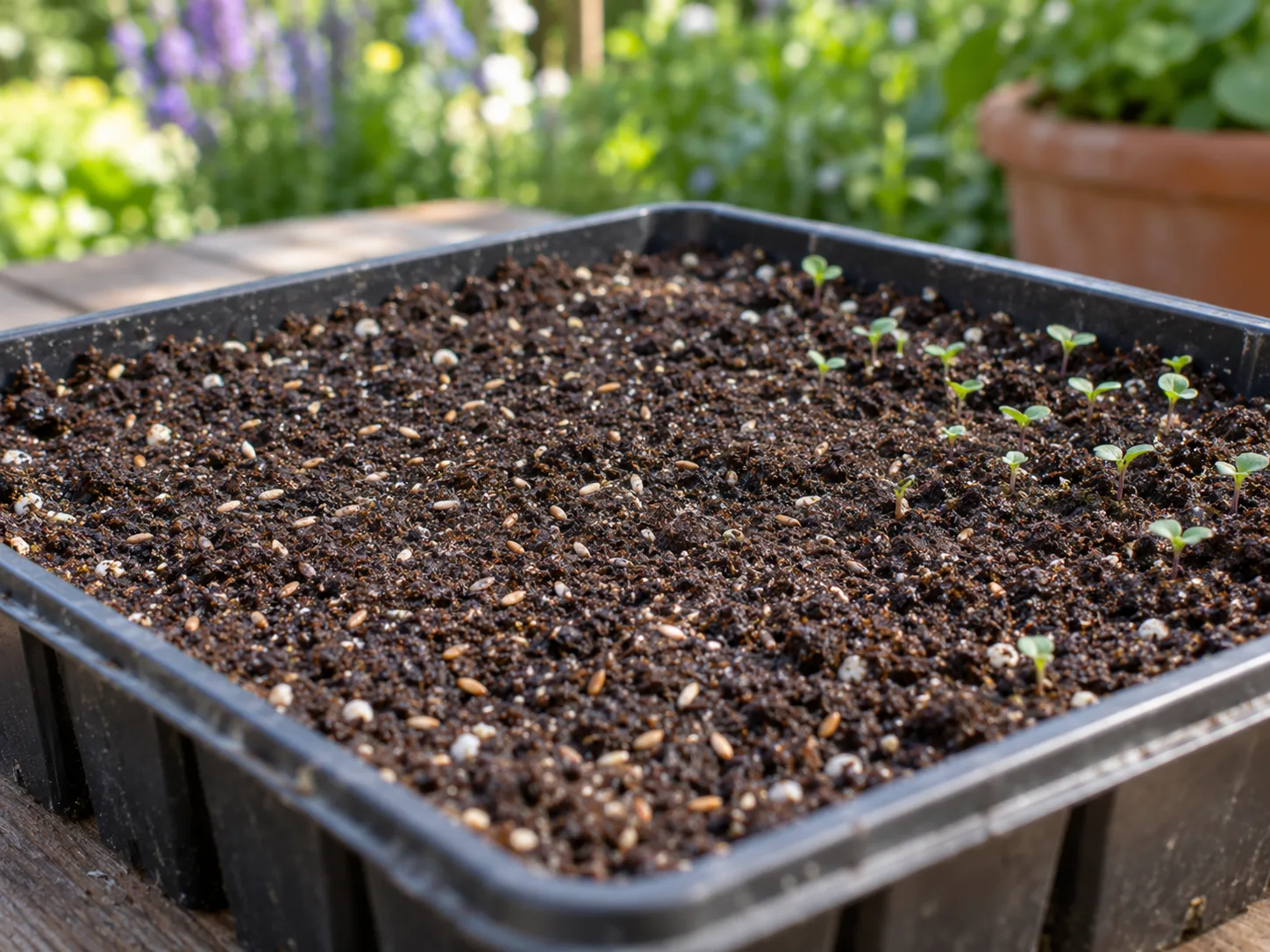 Agastache seedlings emerging where seeds rest on the surface of moist starting mix