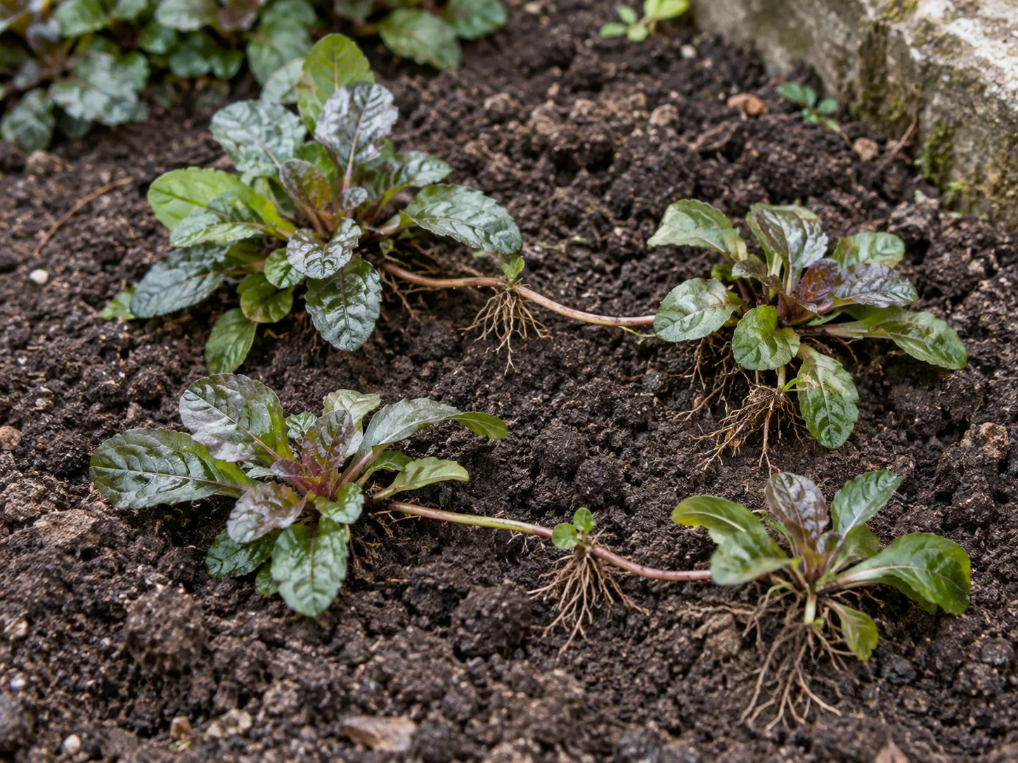 Rooted ajuga runners lifted from the bed and separated into healthy divisions for replanting