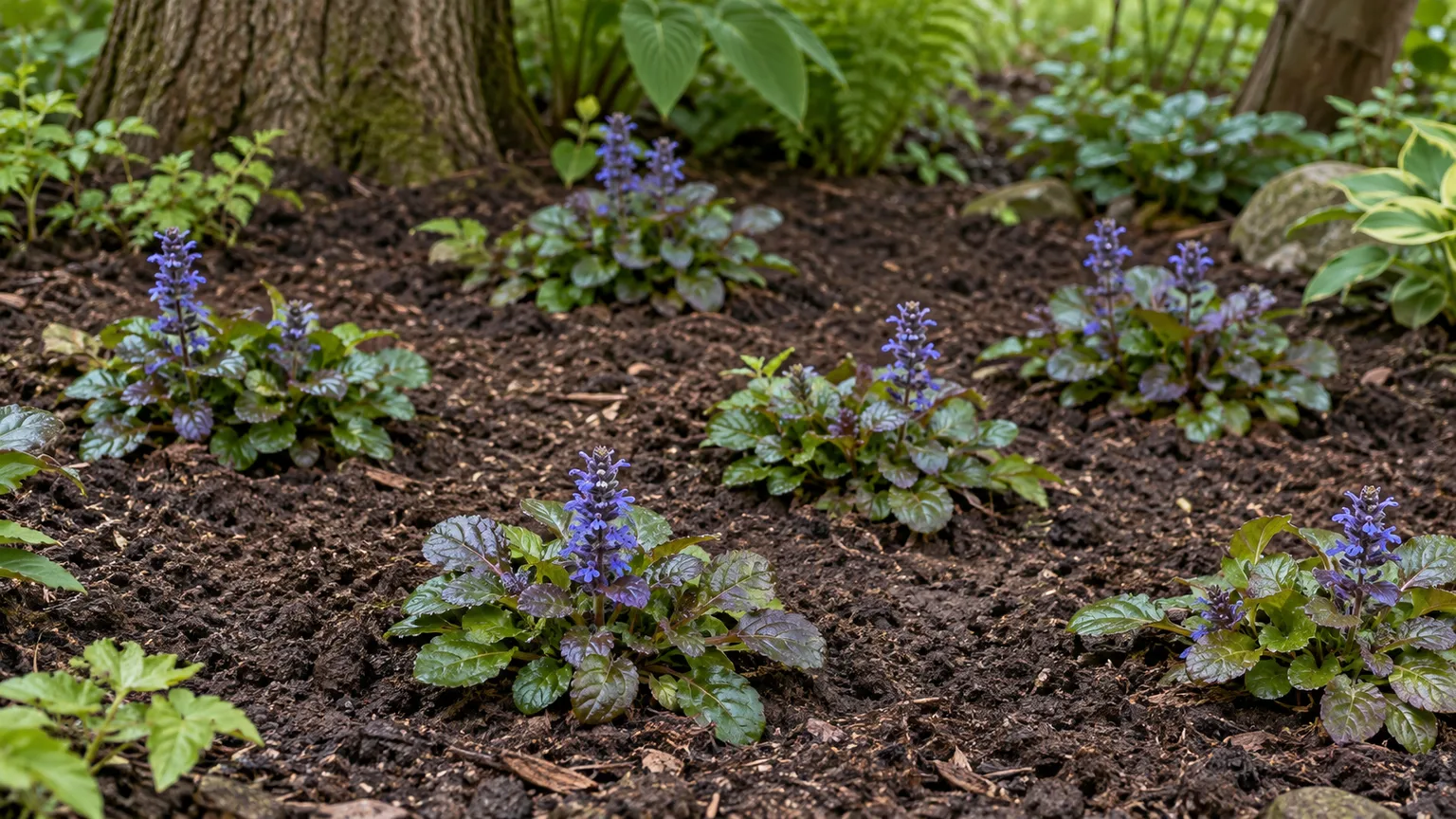 Young ajuga divisions set into a prepared shade bed with room between each rooted rosette