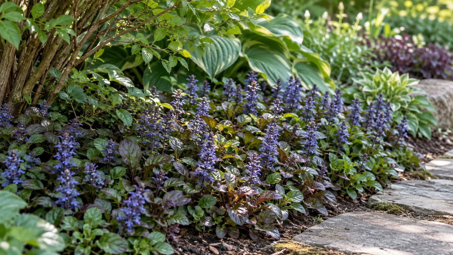 Ajuga growing as a low flowering carpet beneath a leafy shrub in dappled shade