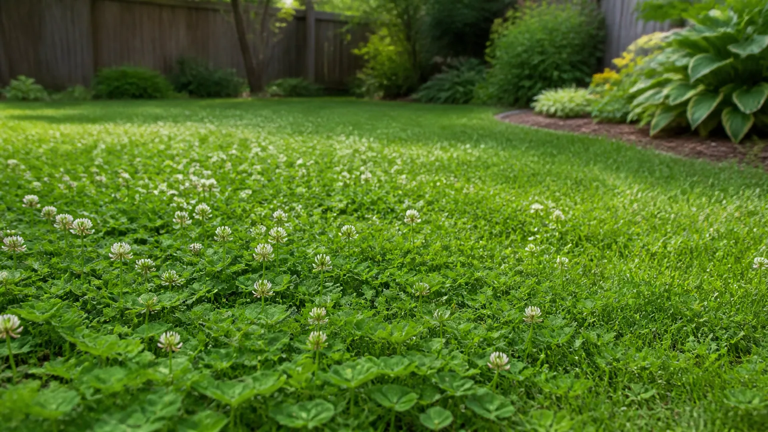 Flowering white clover spreading across a sunny backyard lawn