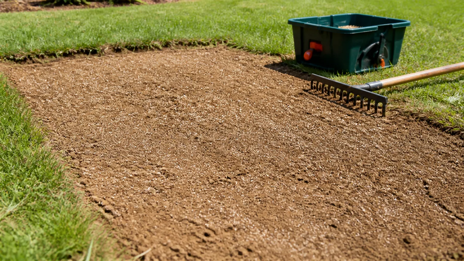 Grass seed is spread over a prepared lawn edge, illustrating the final reseeding step after leveling