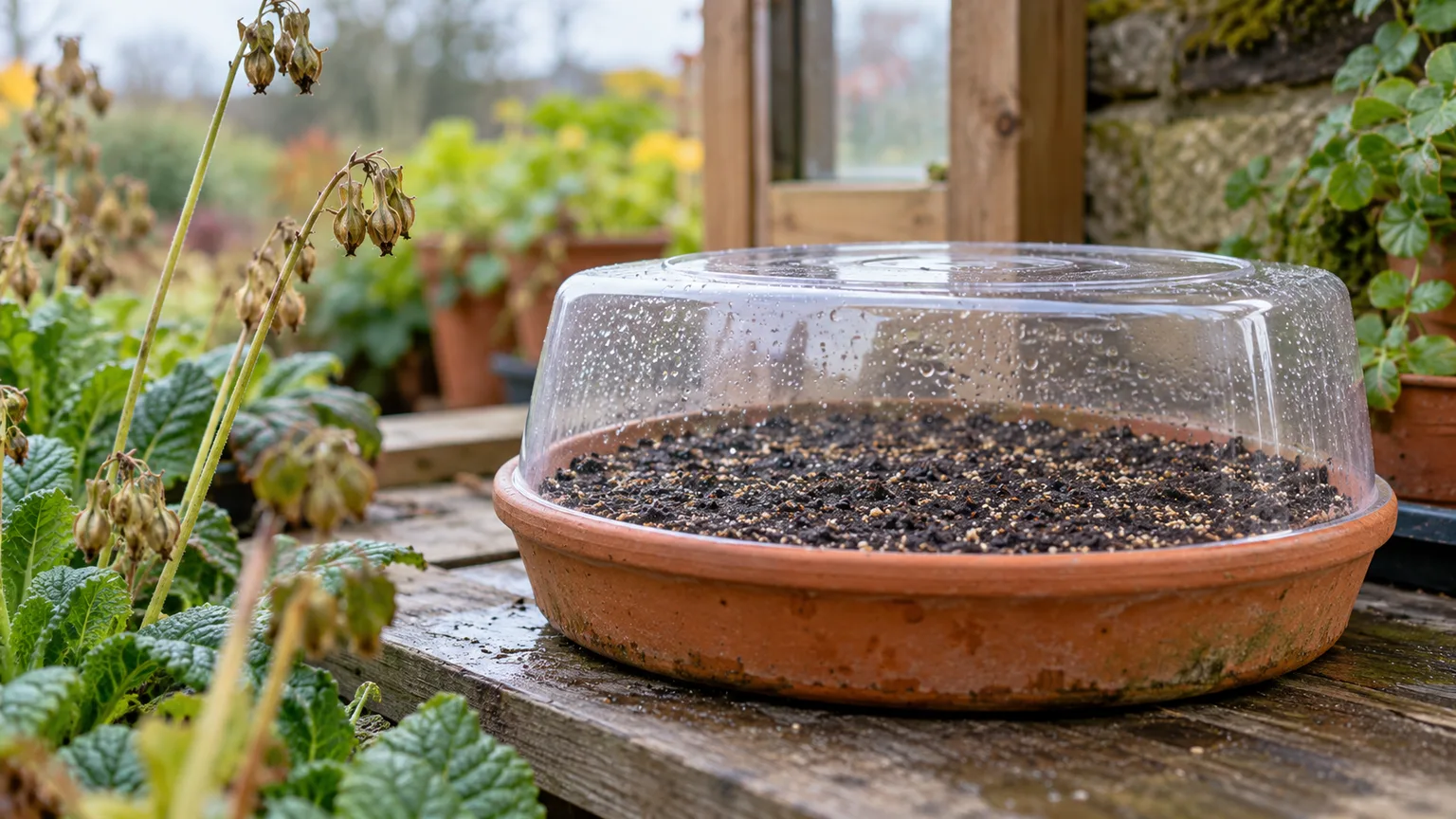 Fresh cowslip seed surface-sown in moist compost under a clear cover for cool-season germination