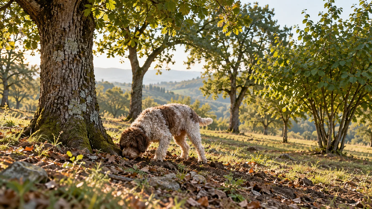A trained truffle dog scenting the soil beneath oak trees in a truffle orchard