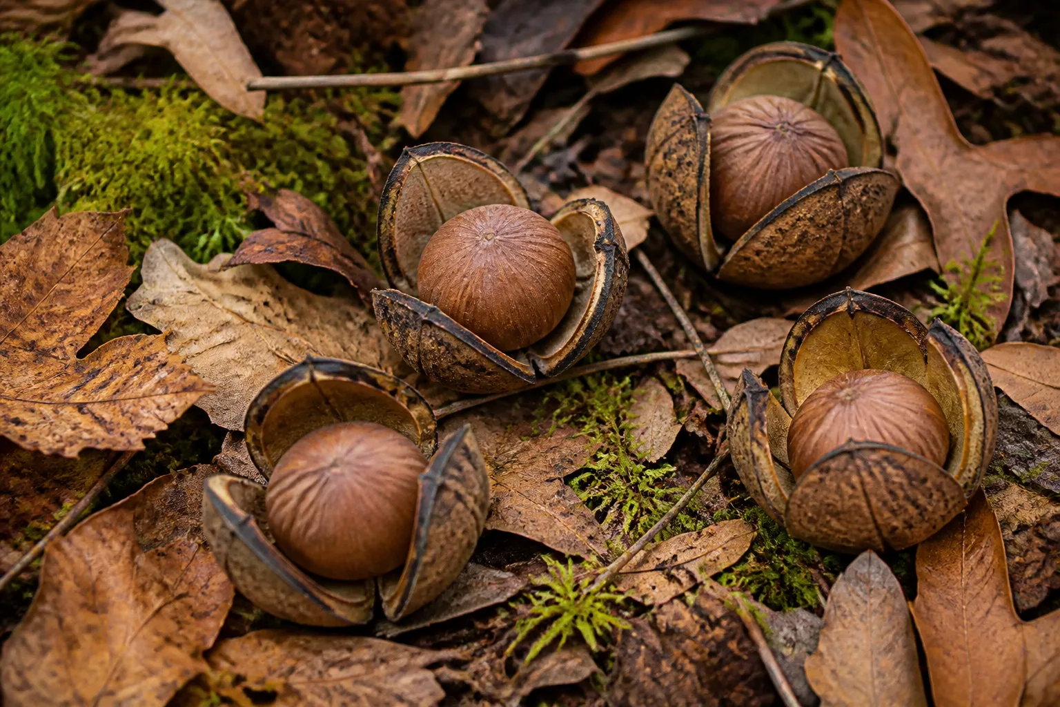 Hard nuts and husks scattered on leaf litter