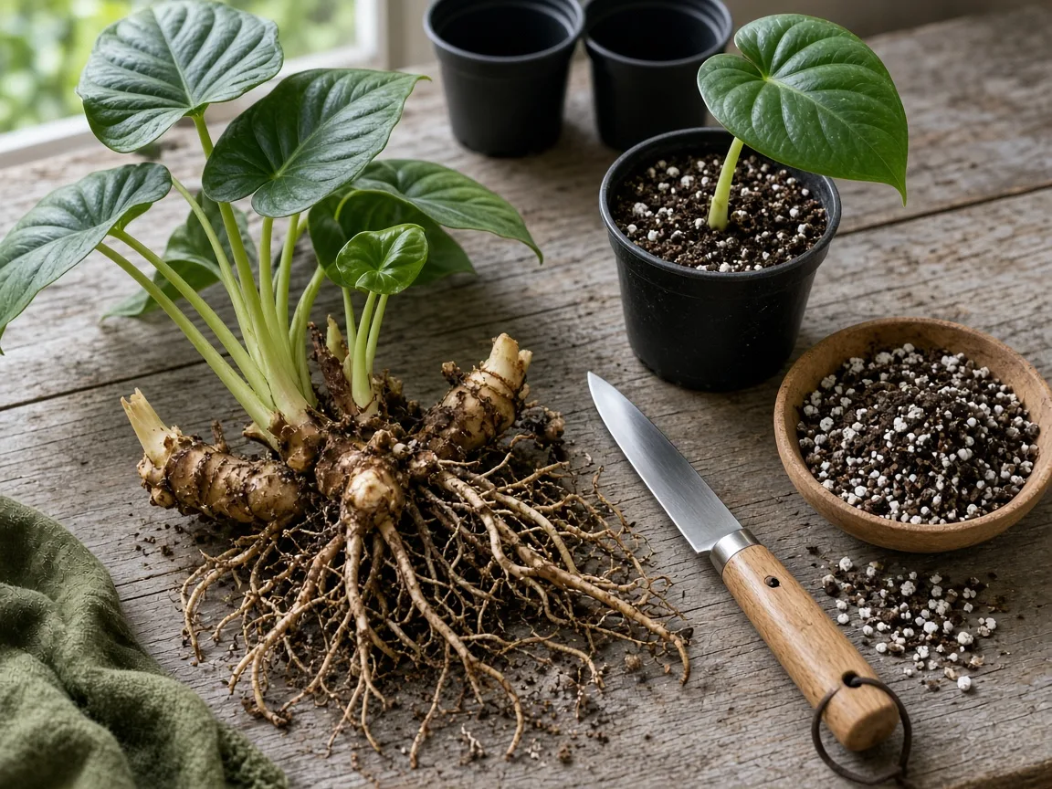 A related Alocasia lifted from its pot with roots and underground growth exposed during propagation