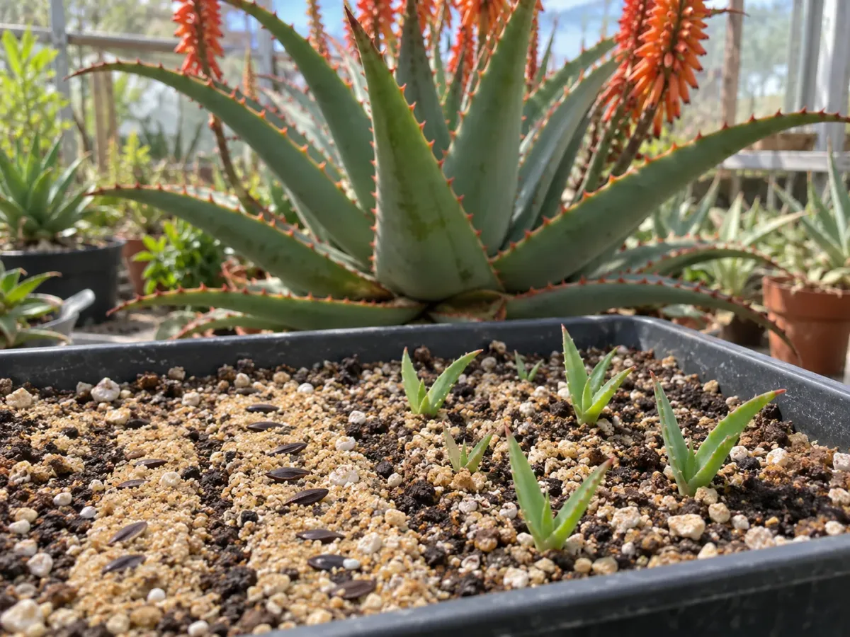 Aloe ferox seeds lightly covered in gritty mix beside emerging seedlings