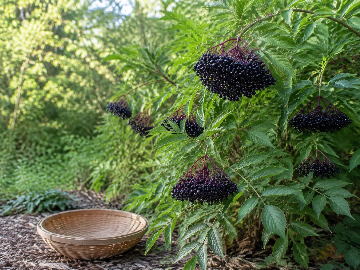 Ripe American elderberry clusters ready to clip into a harvest basket