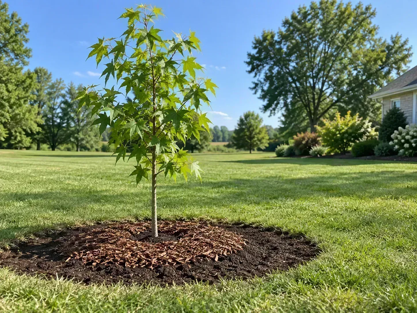 Young American sweetgum planted in a broad sunny lawn with an open mulched root zone