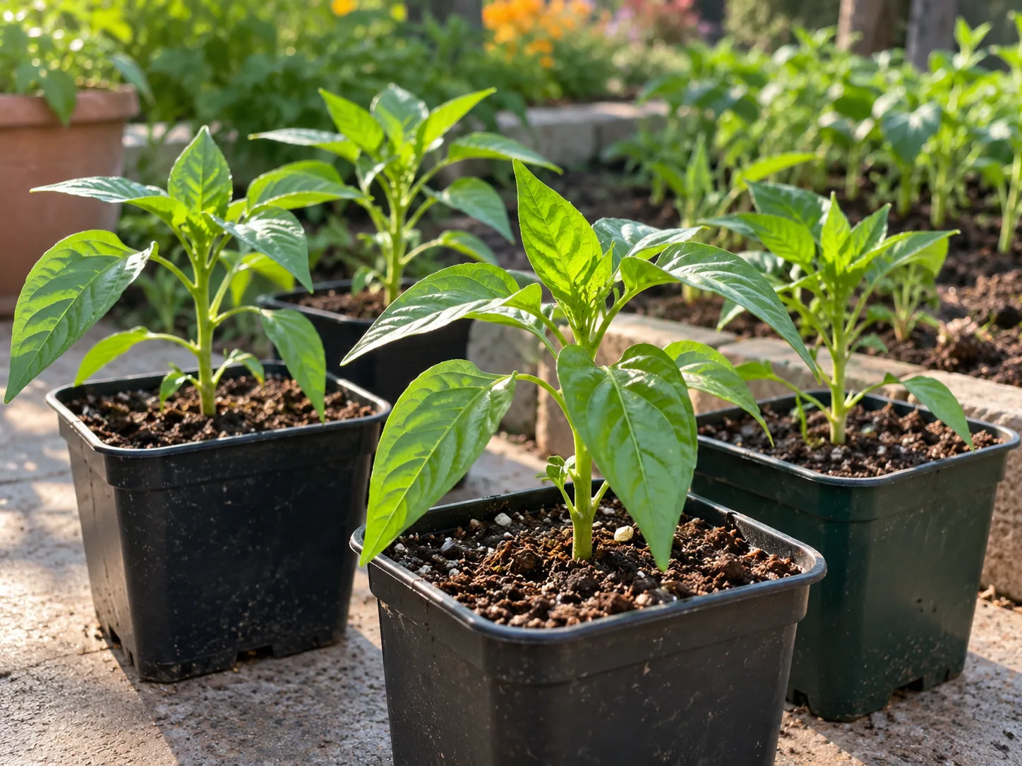 Healthy young pepper seedlings growing in small nursery pots outdoors.