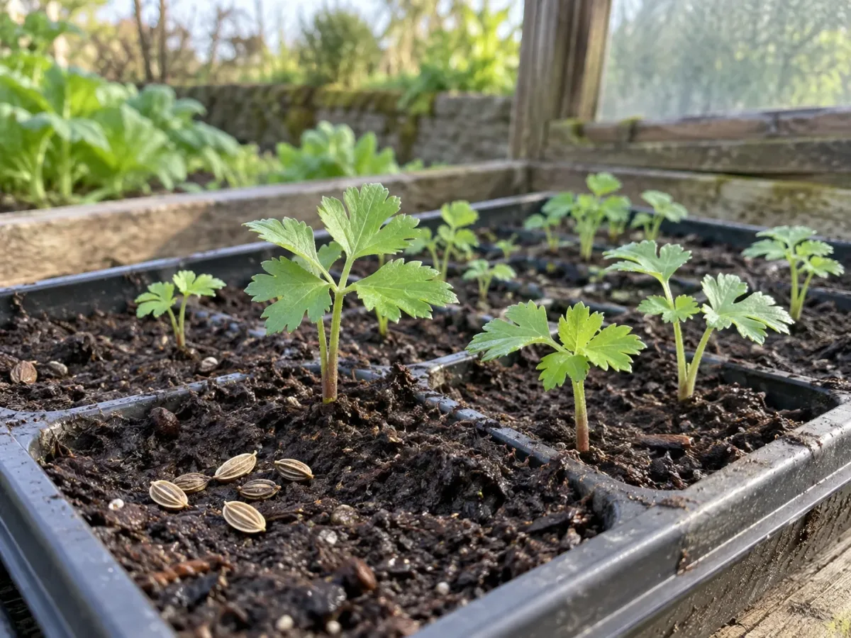 Fresh angelica seed pressed onto moist mix beside young seedlings in a sheltered seed tray