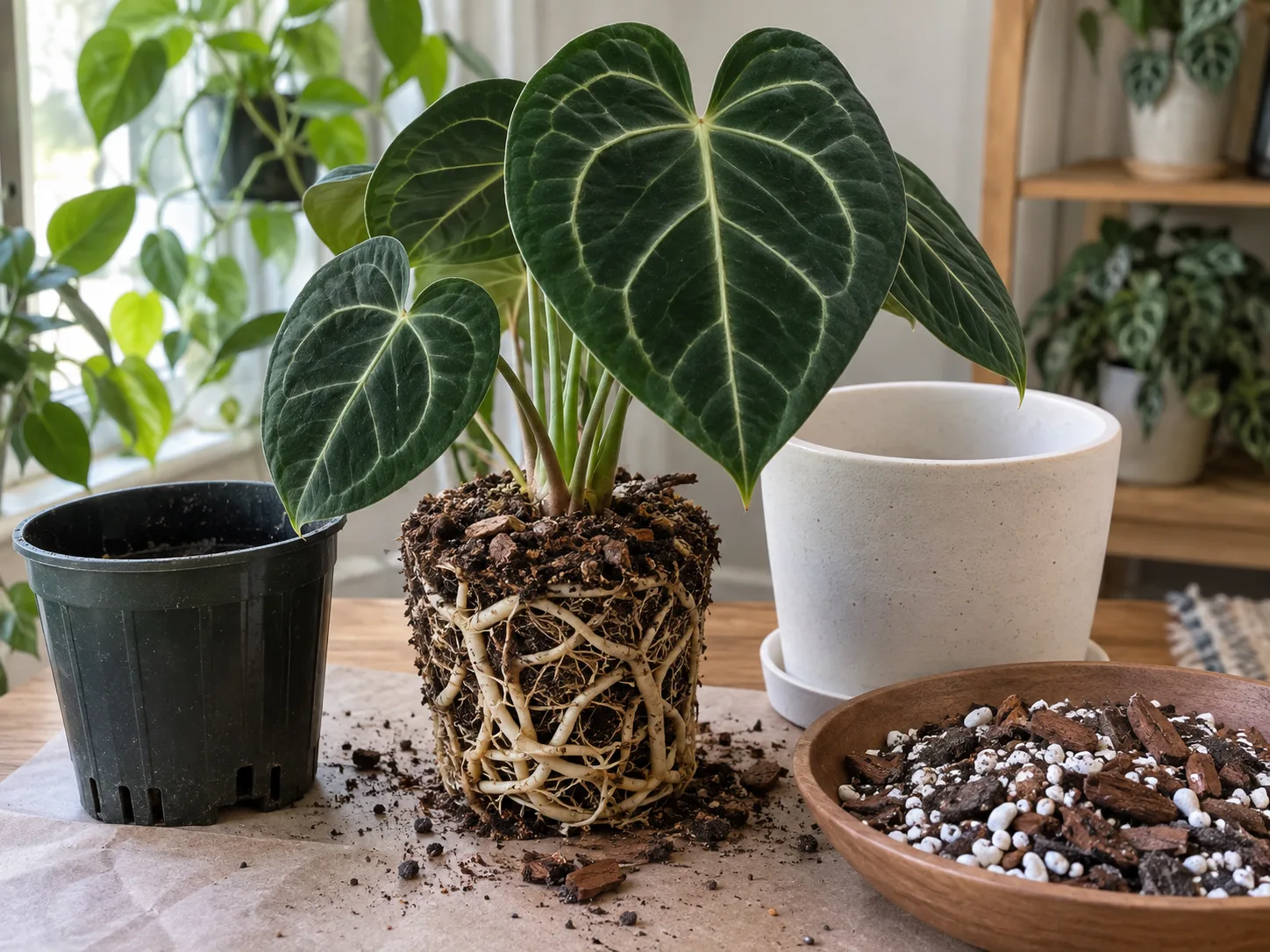 Anthurium clarinervium roots beside airy orchid bark and perlite potting mix