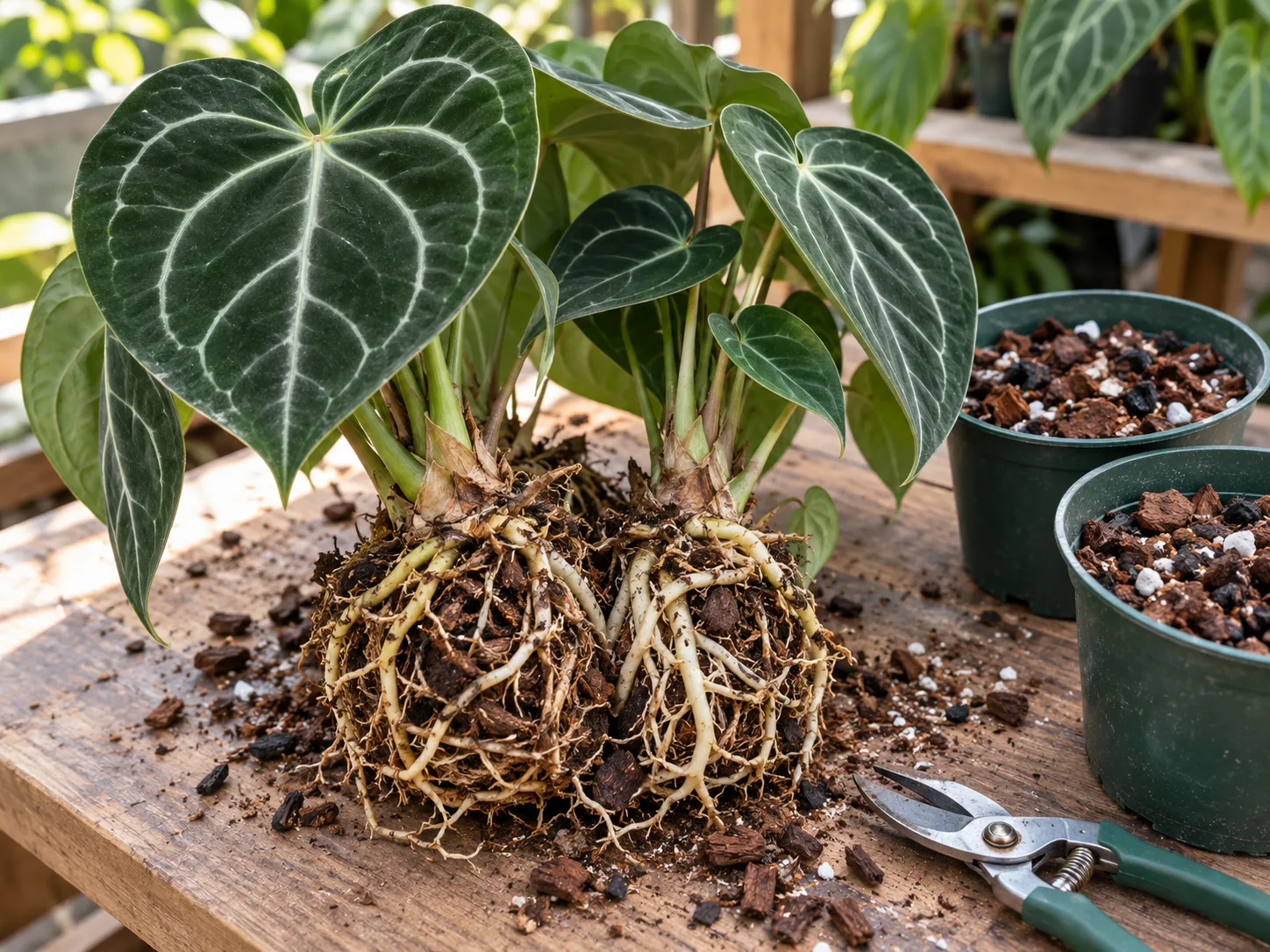 A mature crystal anthurium with two rooted crowns ready for careful division