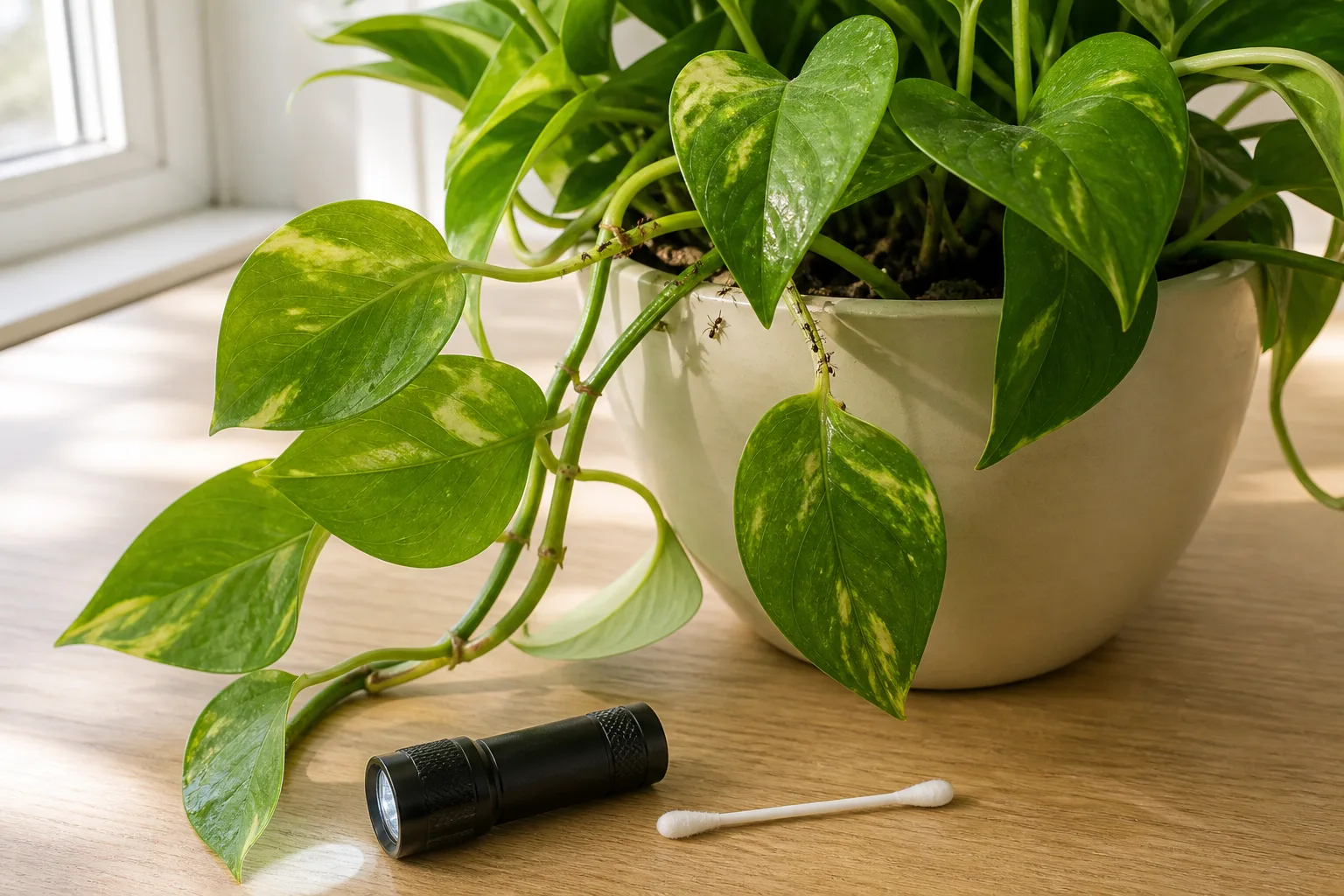 A potted houseplant with ants that should be checked for honeydew-producing pests