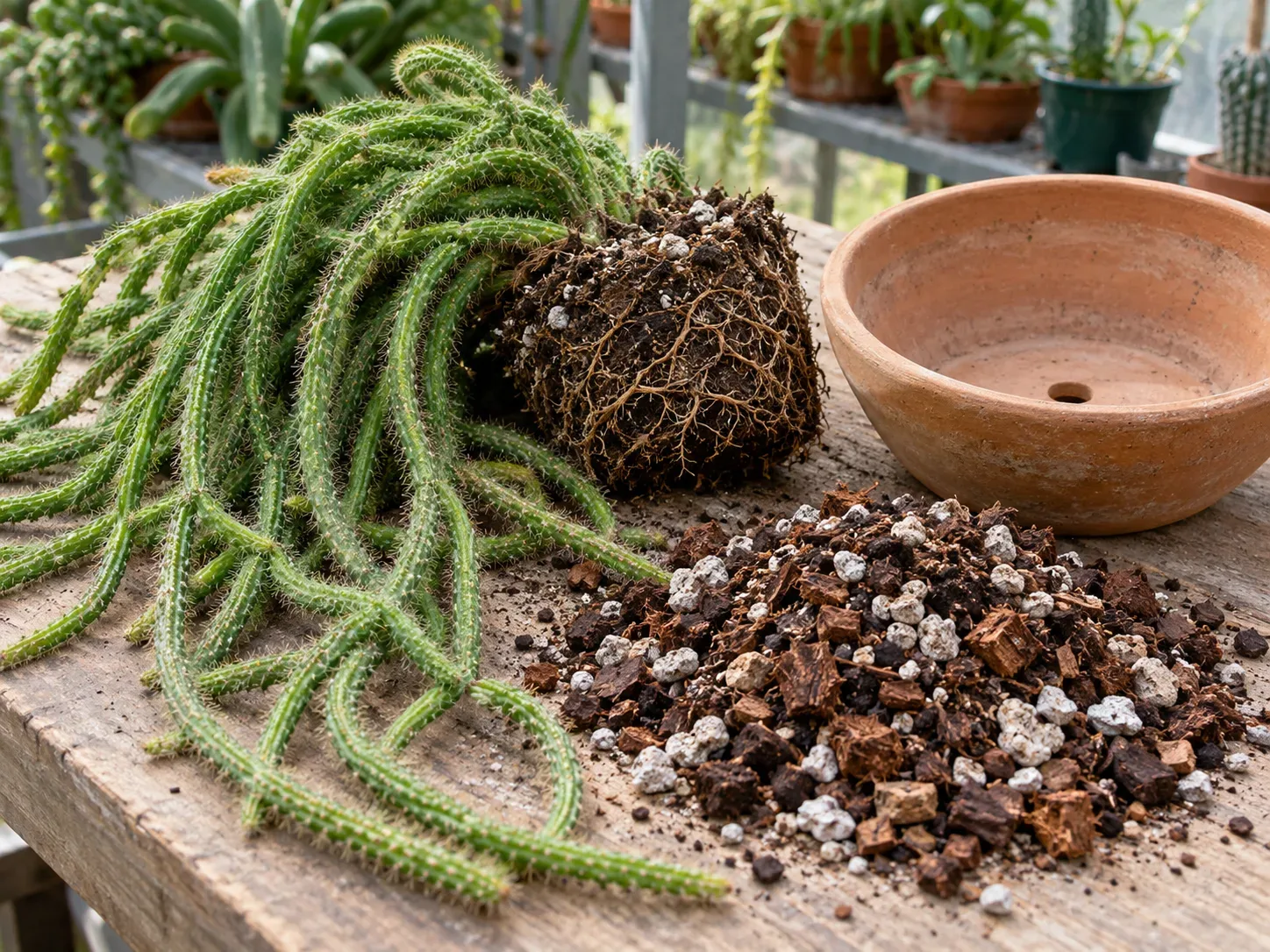 Rat tail cactus root ball beside an airy potting mix and draining pot