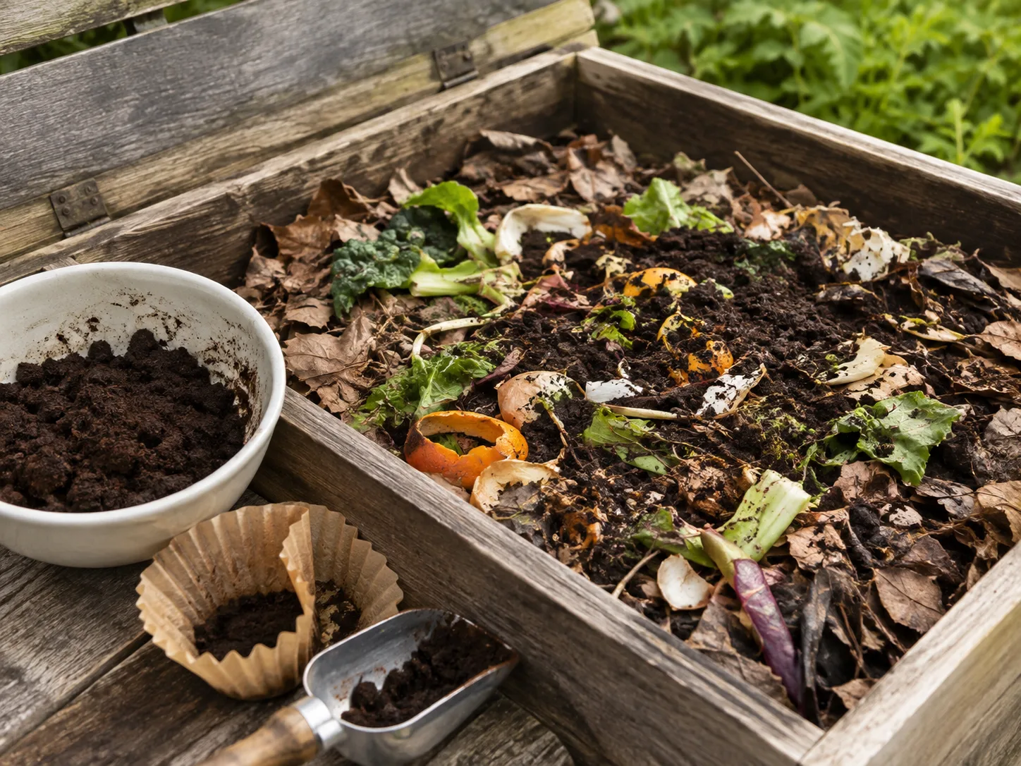 Coffee grounds being mixed with kitchen scraps in a garden compost bin