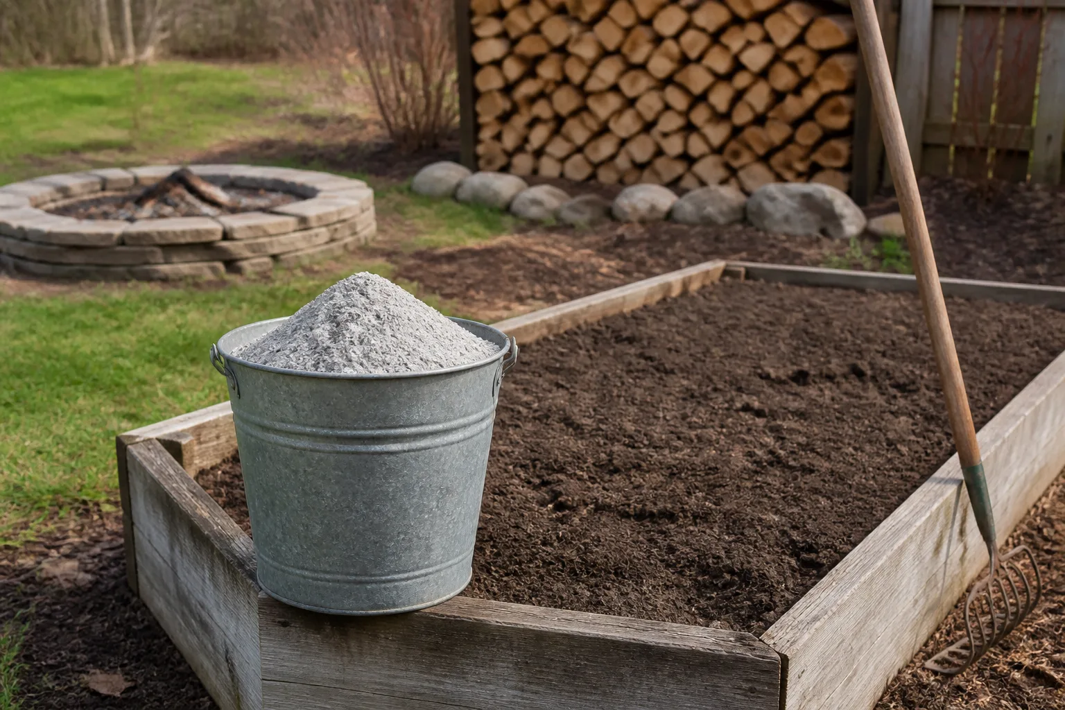 Cooled wood ash beside a prepared outdoor garden bed