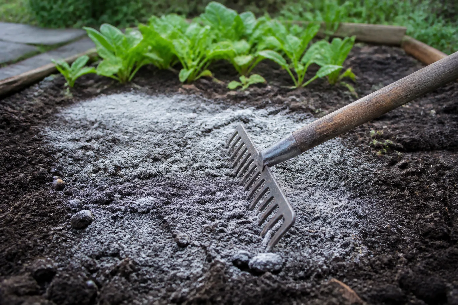 Wood ash lightly raked into the top layer of a vegetable garden bed