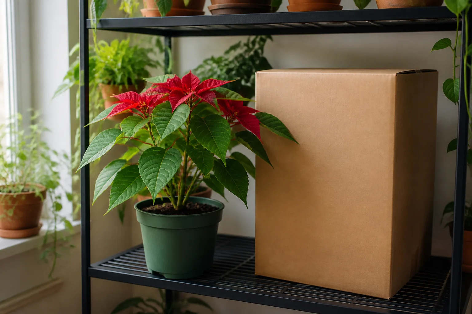 Poinsettia beside an opaque box for its nightly fall darkness routine