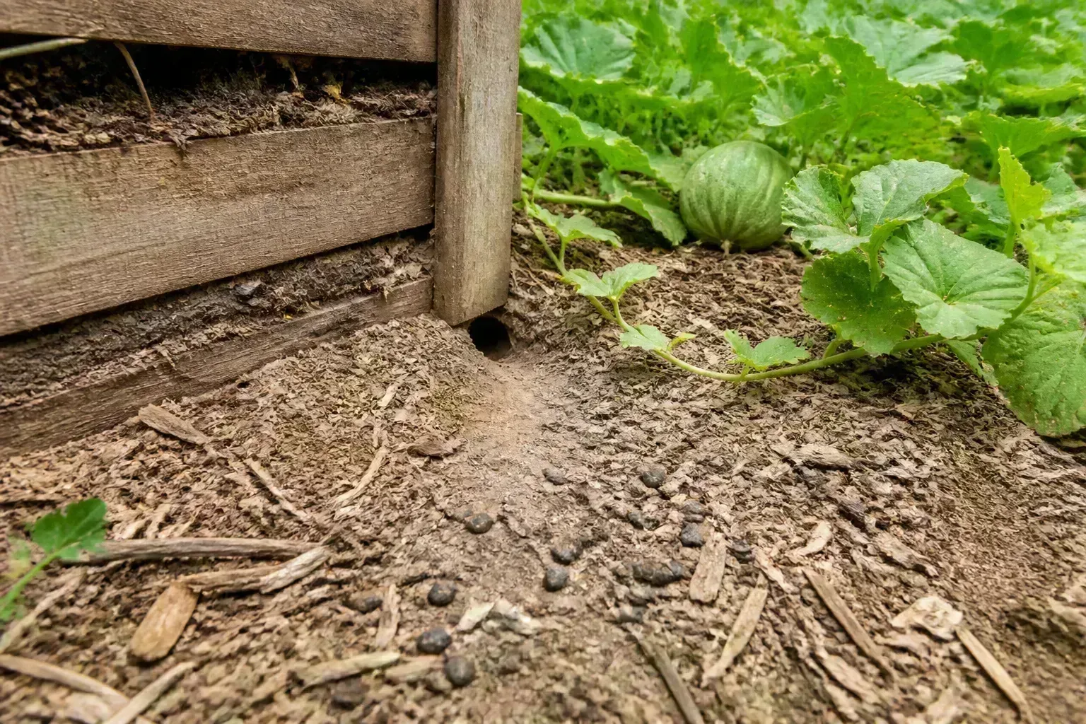 An open burrow beside a garden edge and raised bed