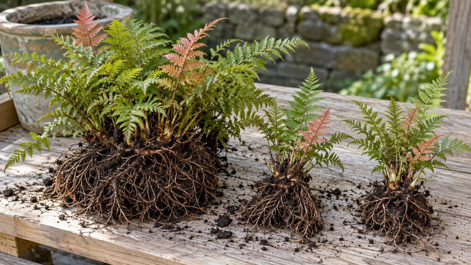 A mature autumn fern lifted for division with rooted crown sections ready to replant