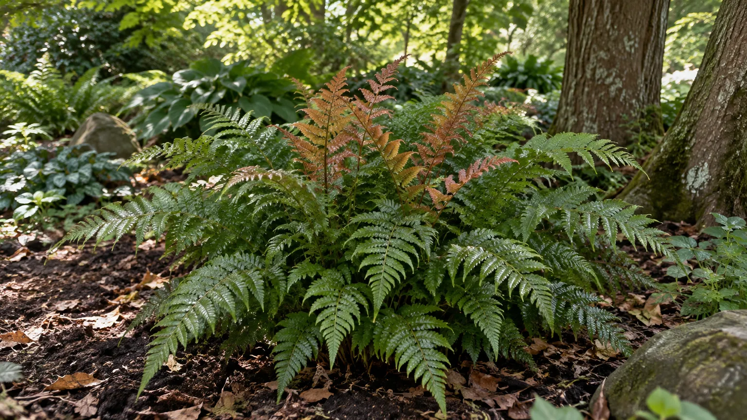 Autumn fern with copper-pink new fronds and glossy green foliage in a shaded woodland garden
