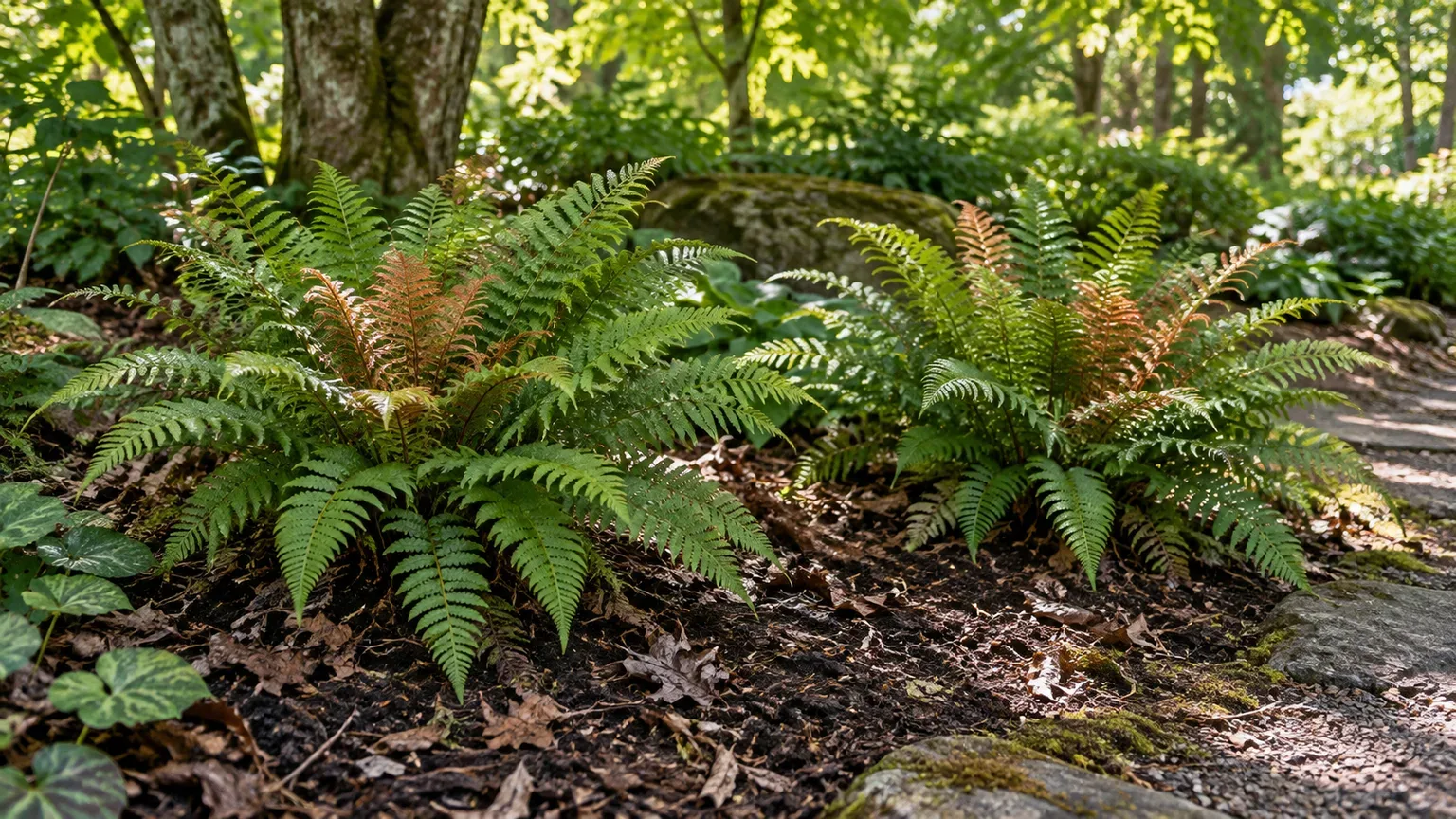 A shaded woodland bed with compost-enriched soil and autumn ferns placed beneath high tree branches