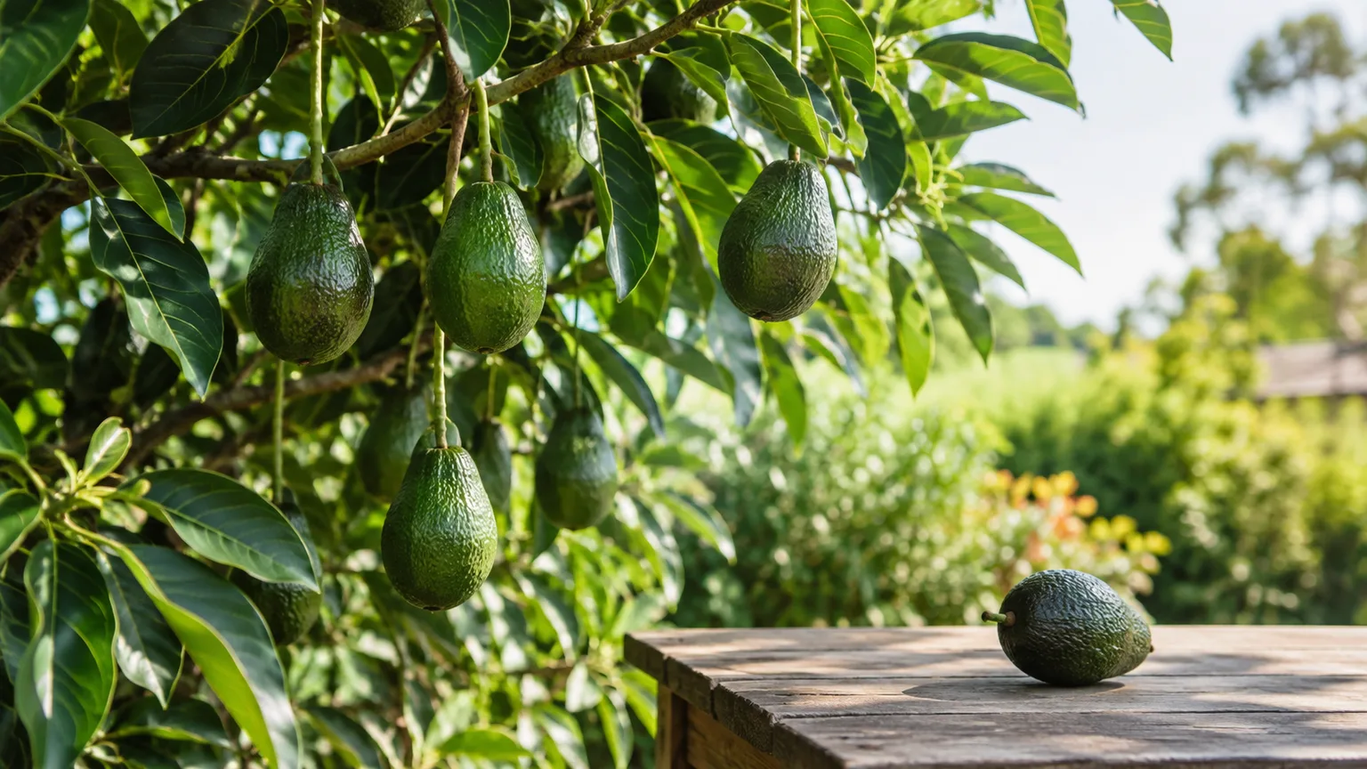 Mature avocados hanging on a tree beside one fruit set aside to ripen