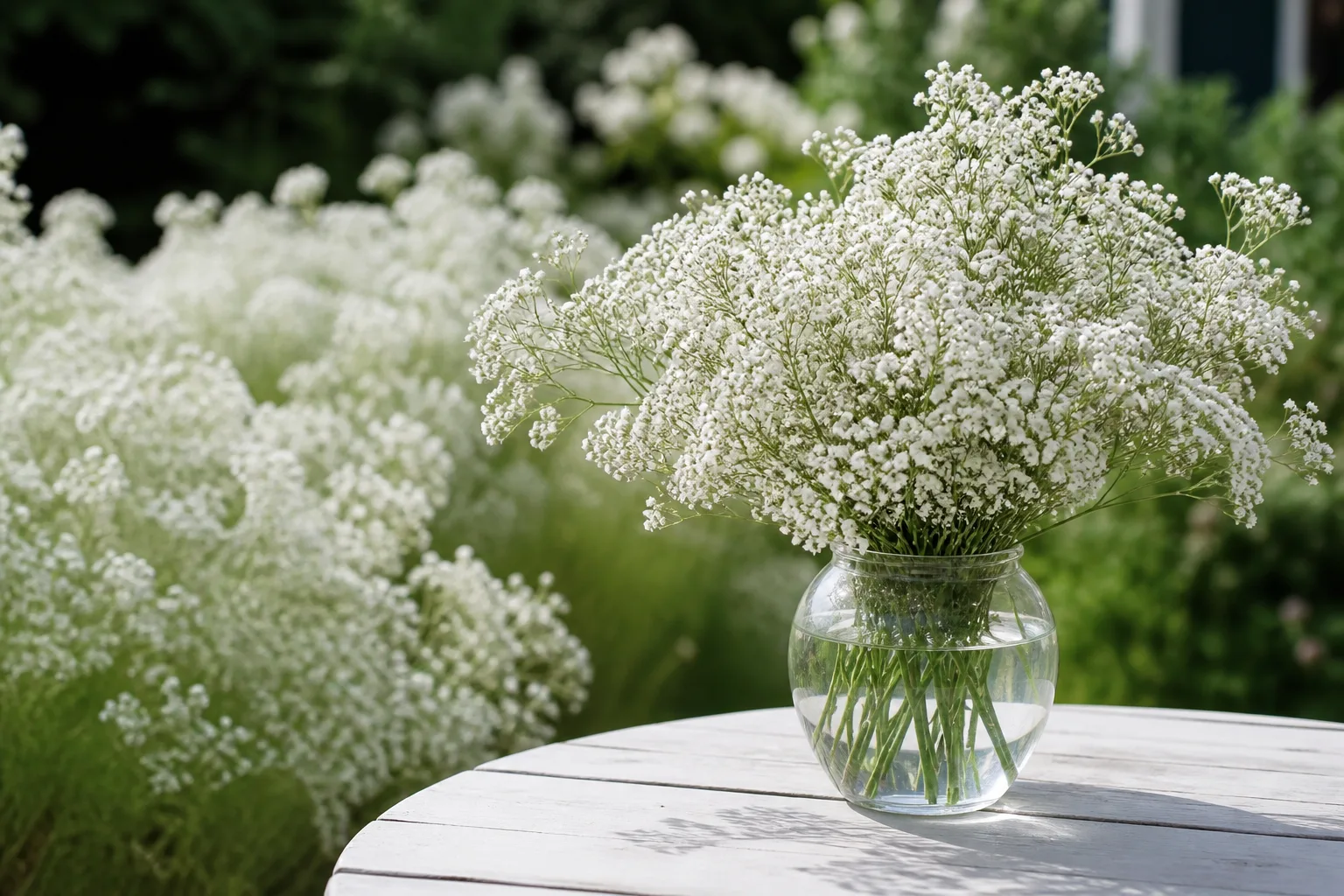 Fresh-cut white baby's breath stems arranged in a clear glass vase with more blooms soft-focused in the garden behind