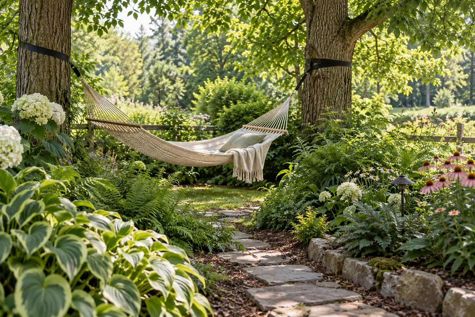 A hammock nestled between mature trees beside a curved garden path and layered flower border