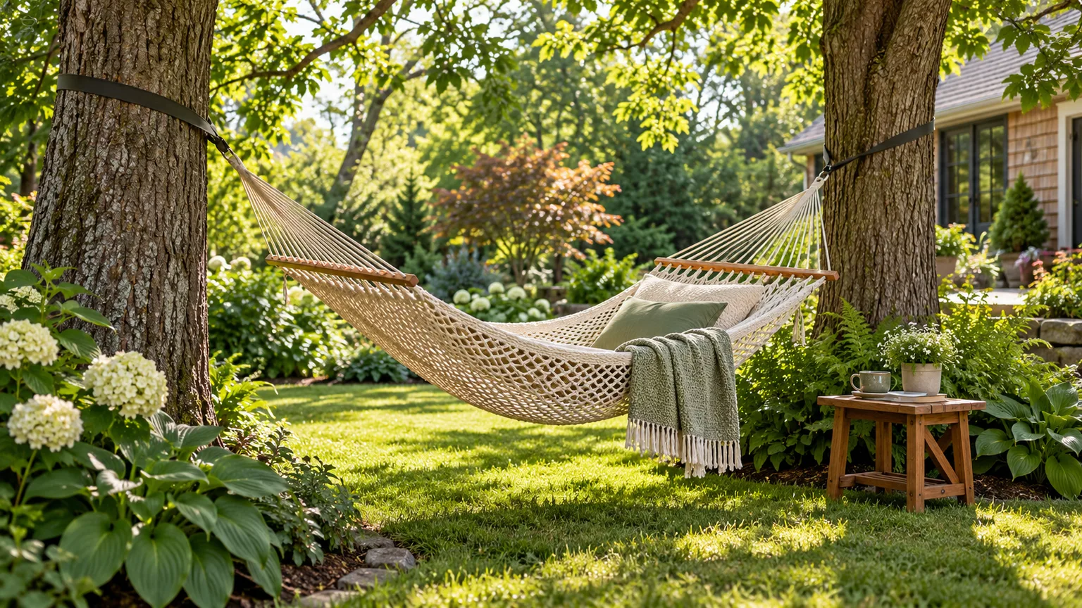 A woven hammock suspended between mature shade trees in a leafy backyard garden