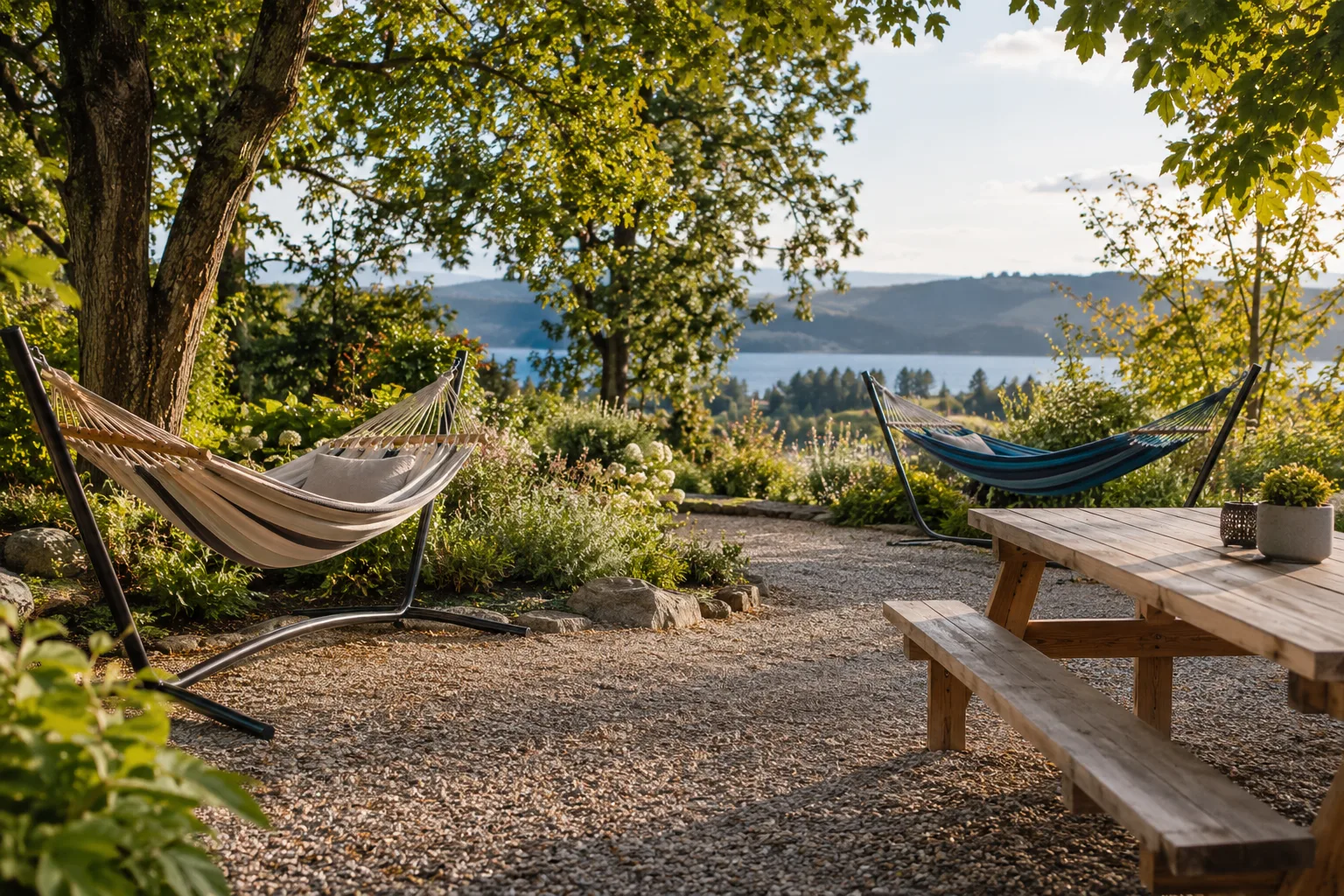 Two separate freestanding hammocks angled toward a shared garden view beside a picnic table