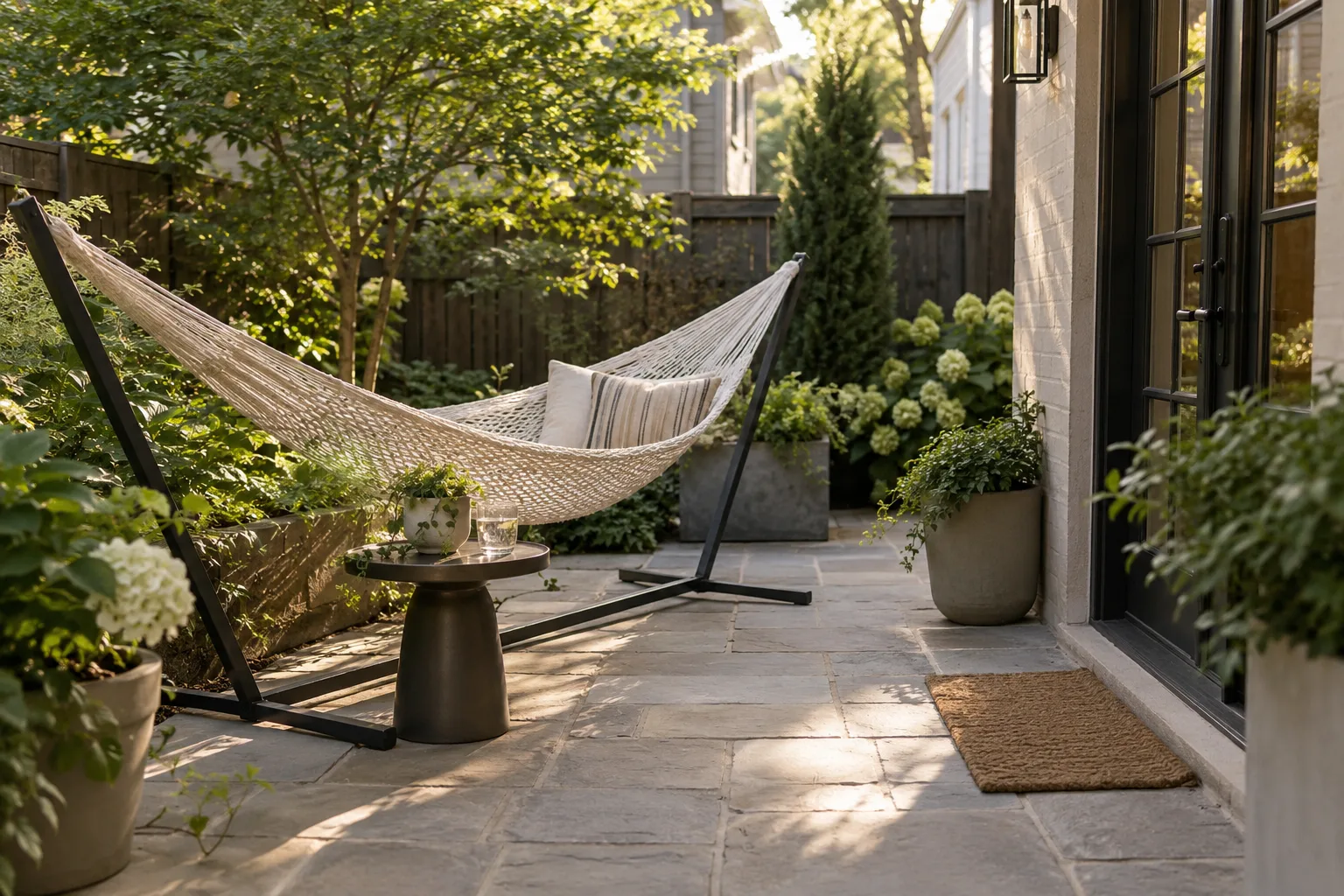 A freestanding hammock along the edge of a compact stone patio with an open path to the door