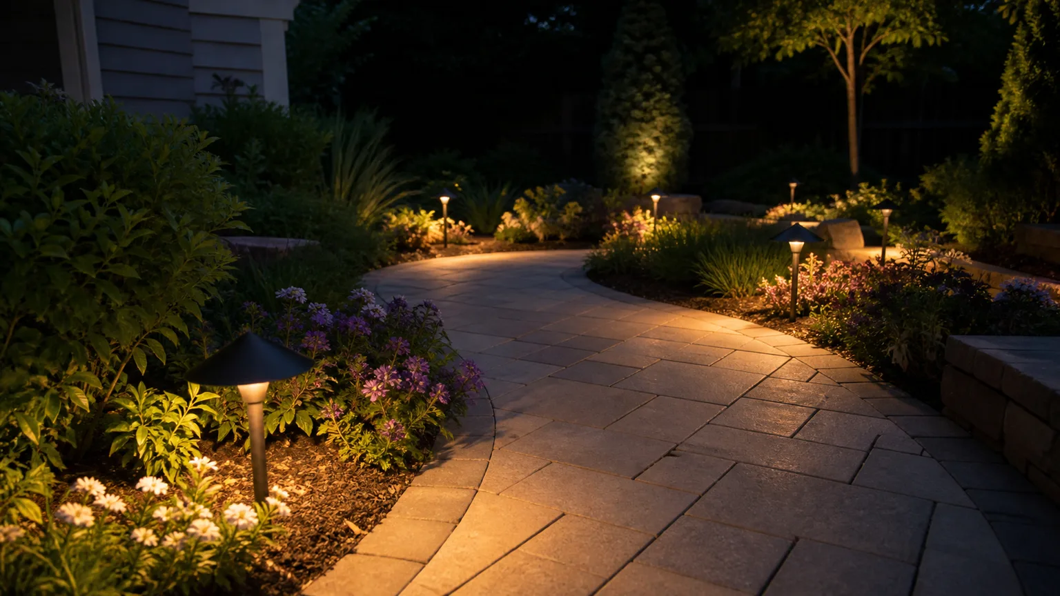 Low solar path lights lining a garden walkway at dusk