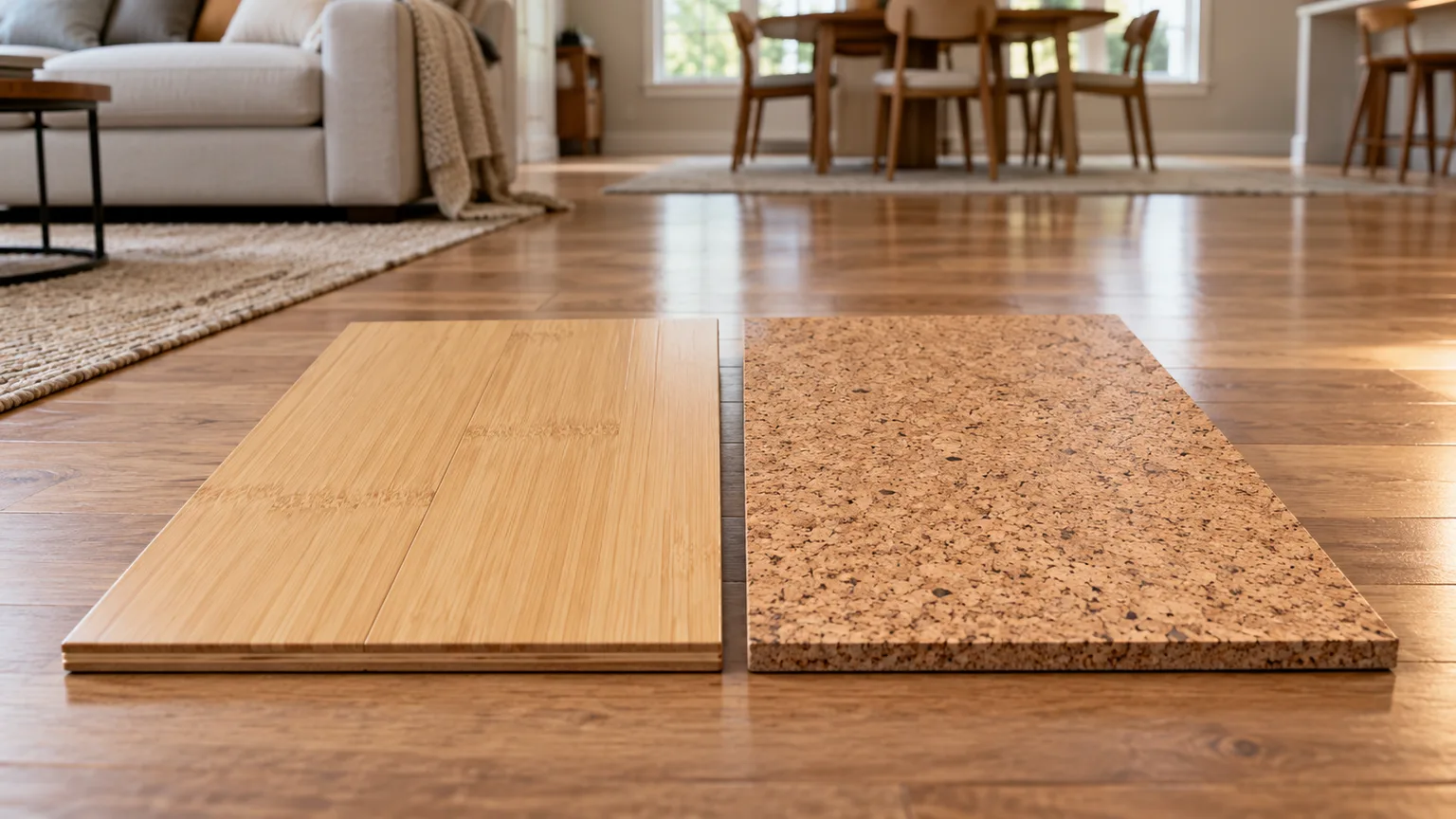A bamboo plank and a cork tile displayed side by side in a bright home