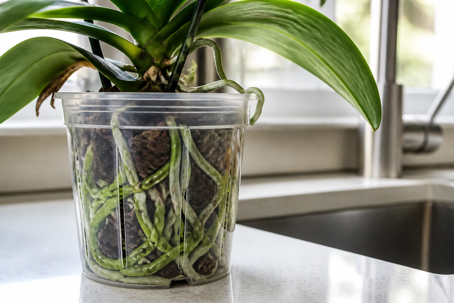 Phalaenopsis orchid in a clear pot showing firm roots and chunky bark medium