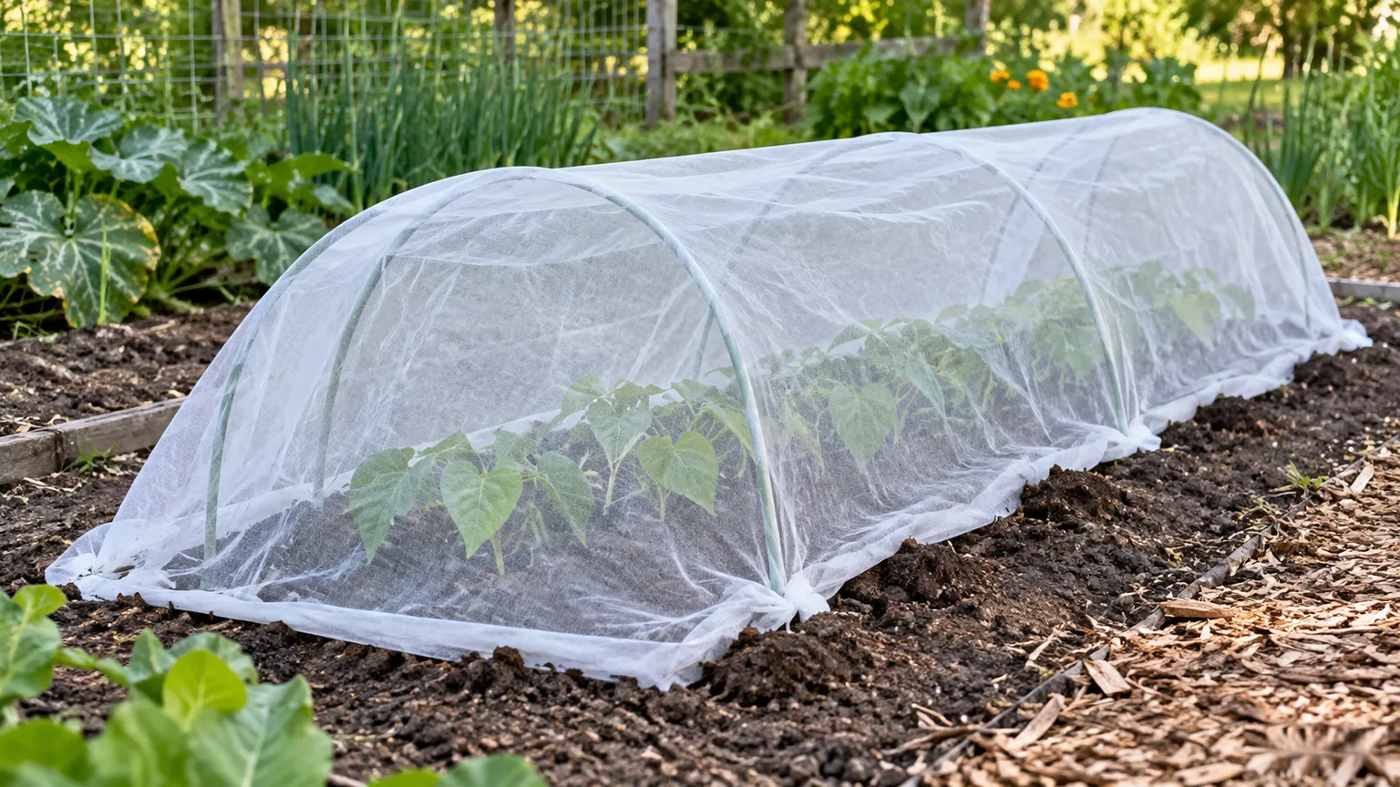 Lightweight insect row cover secured over a short row of young bean plants in an outdoor vegetable garden