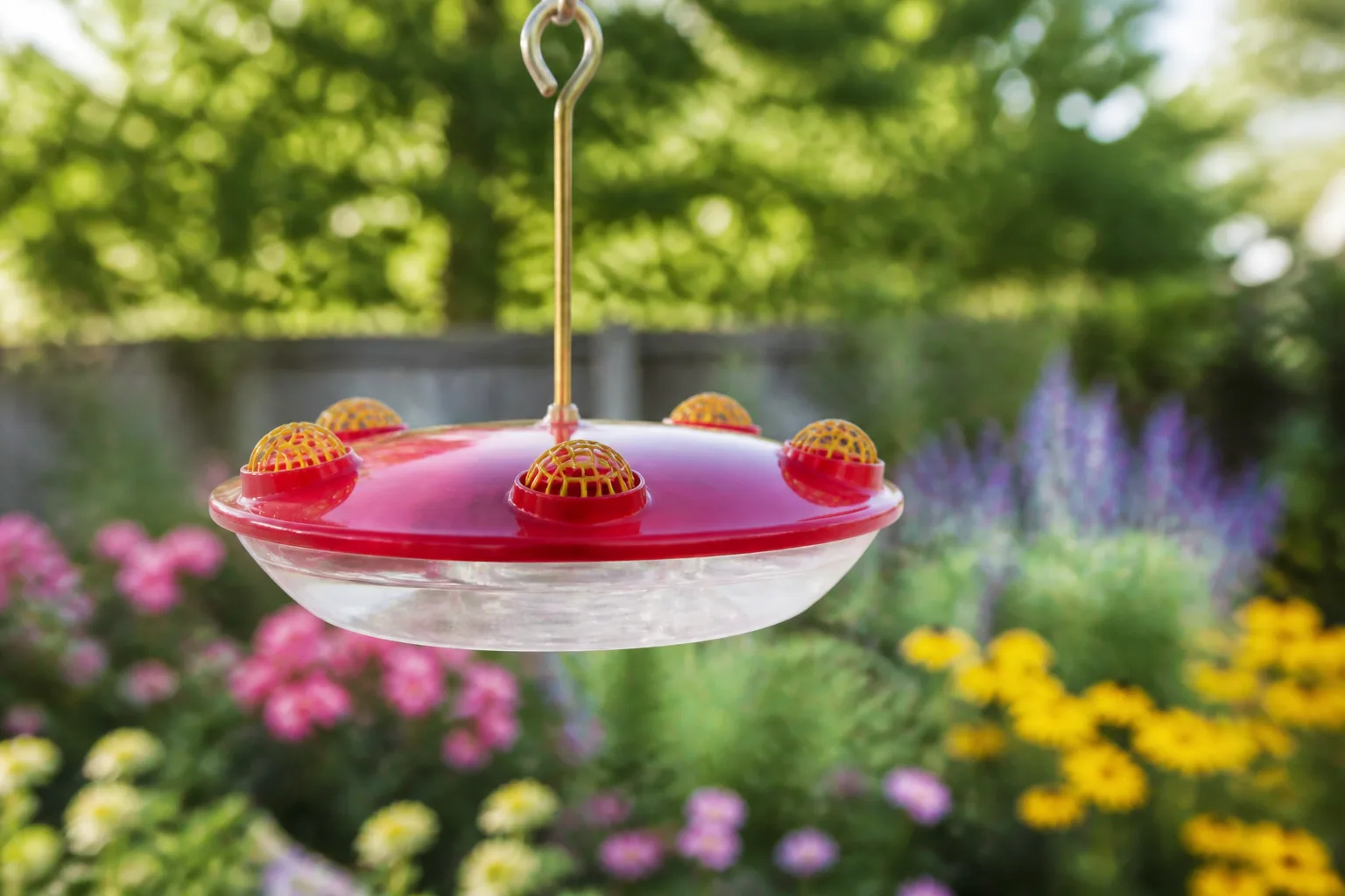 Saucer-style hummingbird feeder with small insect guards over the feeding ports