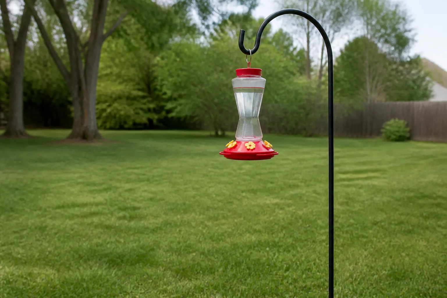 Hummingbird feeder hanging from a stable shepherd’s hook in an open backyard setting