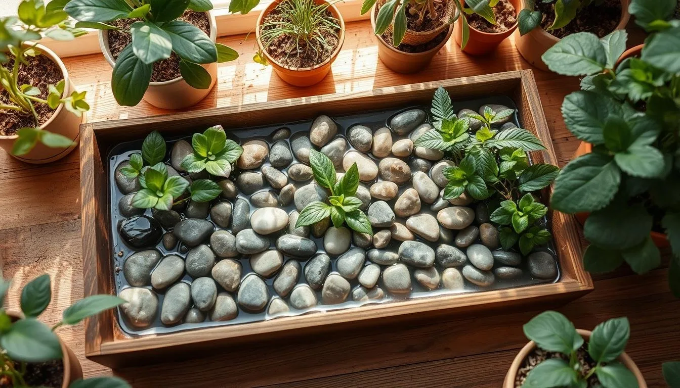 Potted houseplant on a pebble humidity tray with water below the stone tops on a windowsill