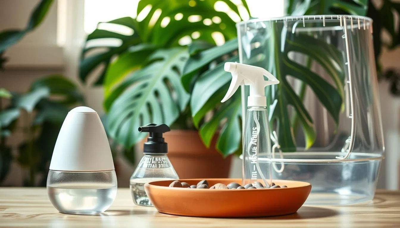Houseplant on a pebble humidity tray with the pot sitting above the water line